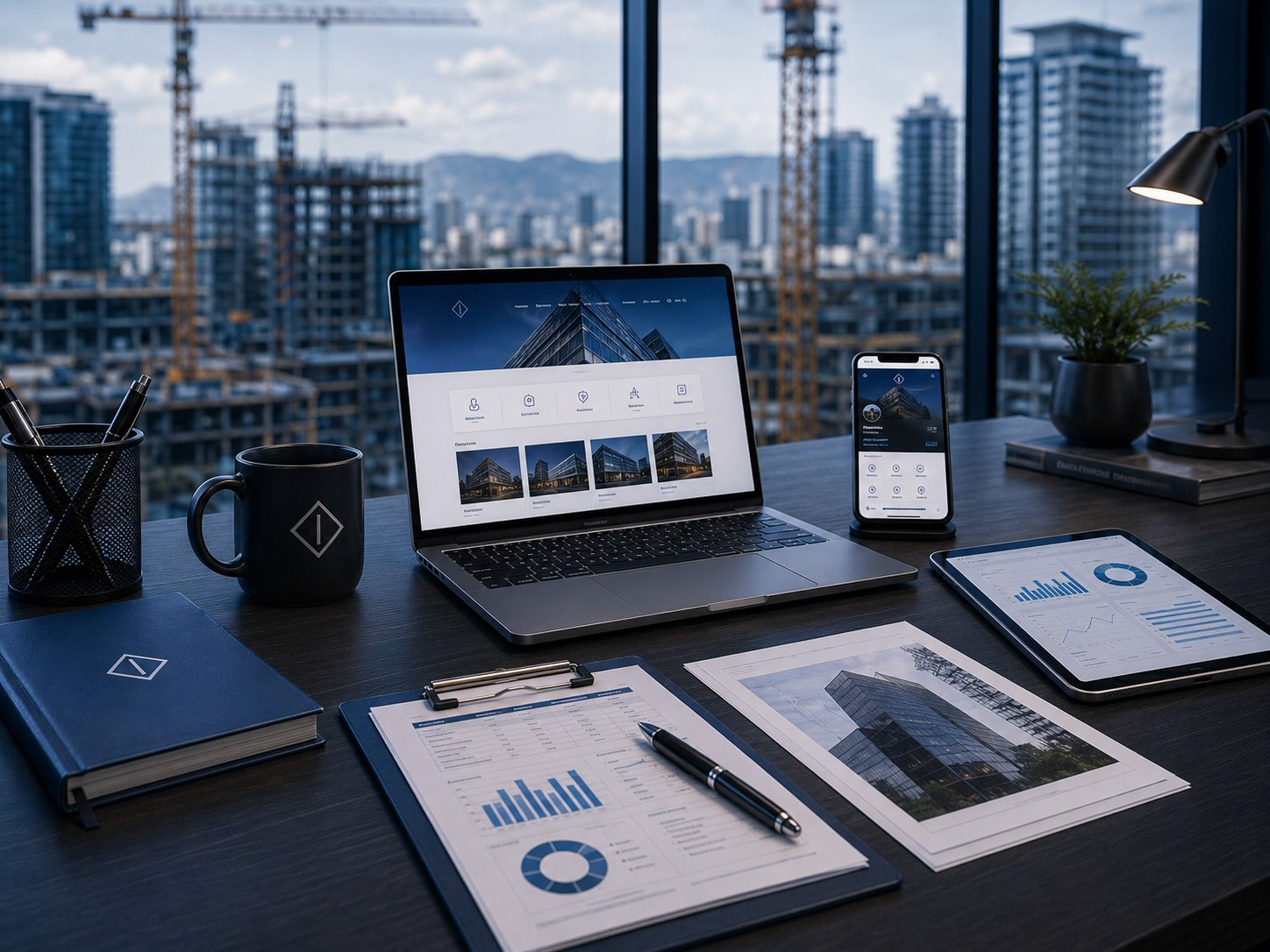 Professional office workspace with reports, laptop, and construction view
